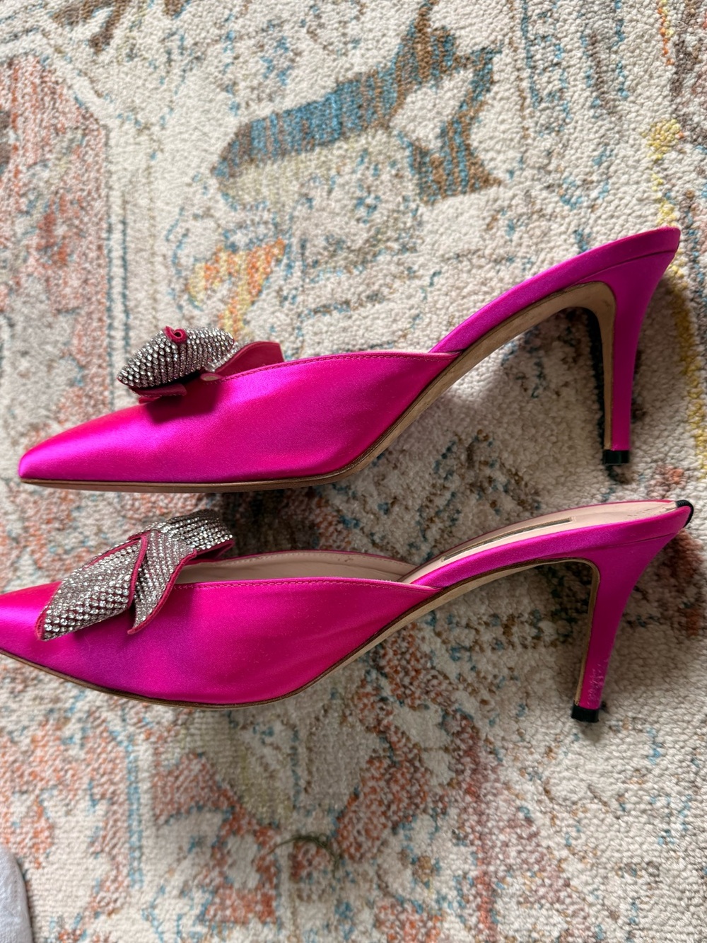 SJP Women’s Pink Satin Pointed-Toe Mule Heels with Crystal Bow